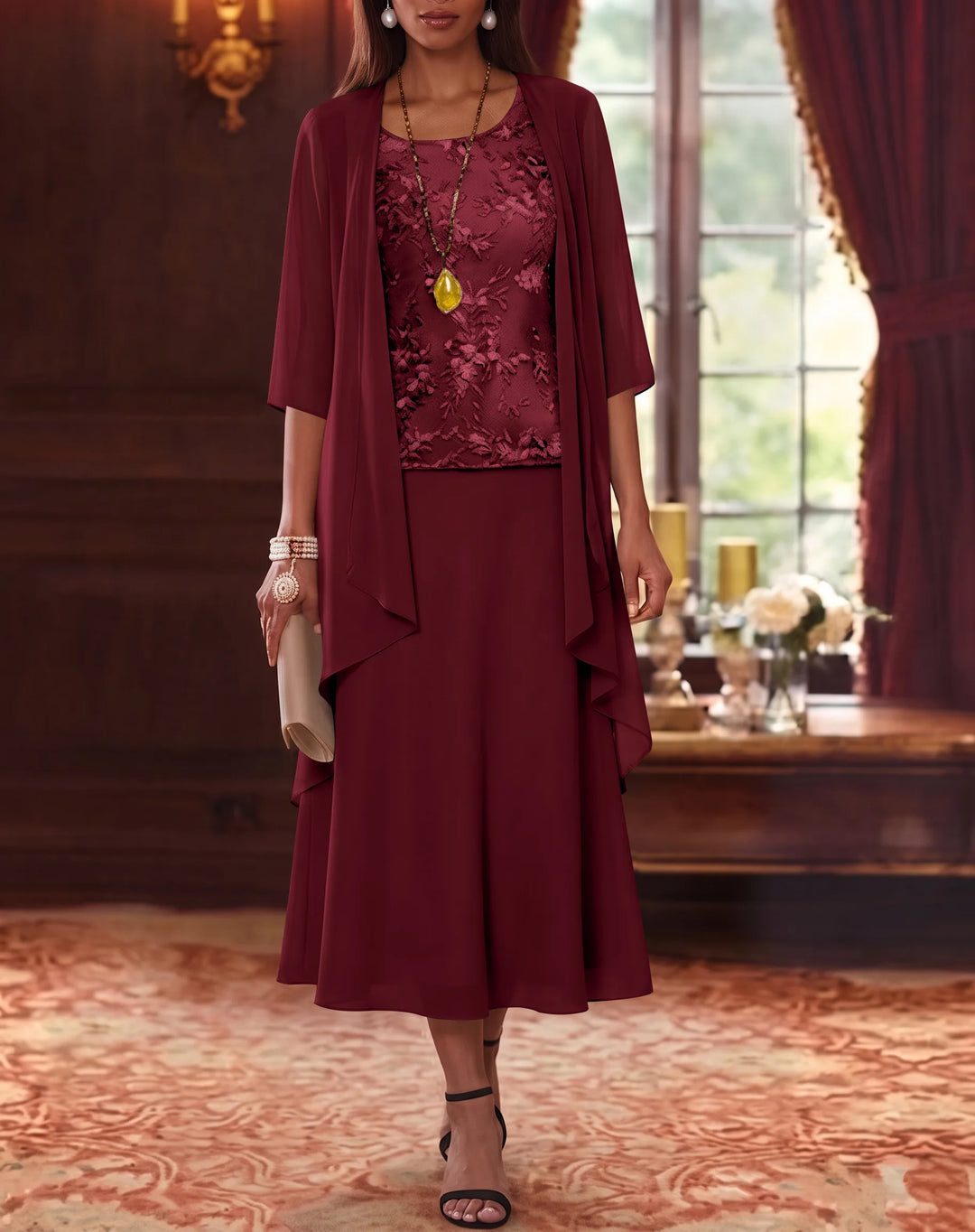 Ensemble de 2 Morceaux, Robe Mère de la Mariée, Ligne A/Princesse, Col Rond, Mousseline, avec Veste, Manches 3/4, Longueur du Thé, Dentelle
