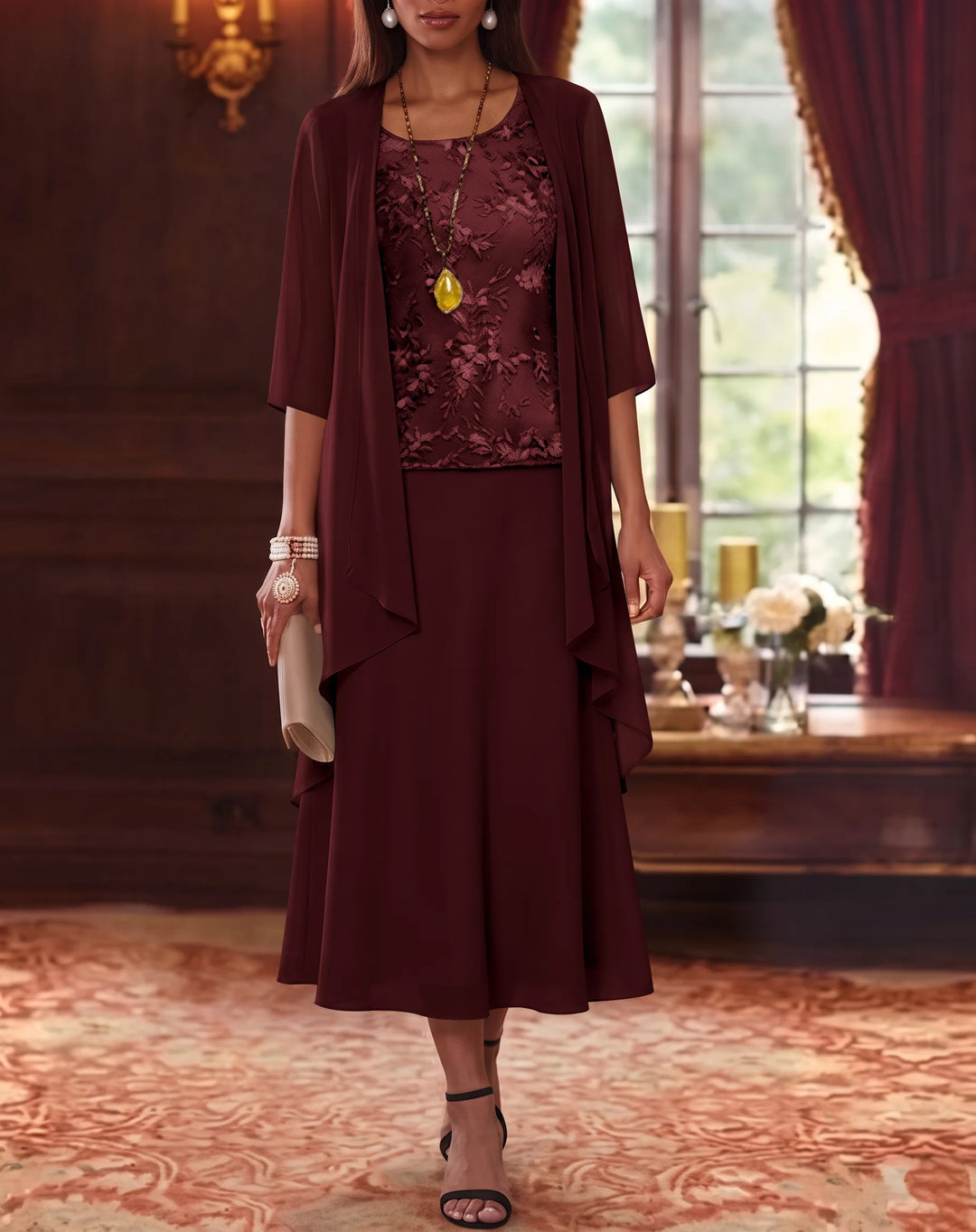 Ensemble de 2 Morceaux, Robe Mère de la Mariée, Ligne A/Princesse, Col Rond, Mousseline, avec Veste, Manches 3/4, Longueur du Thé, Dentelle