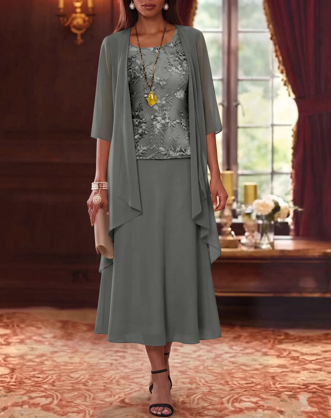 Ensemble de 2 Morceaux, Robe Mère de la Mariée, Ligne A/Princesse, Col Rond, Mousseline, avec Veste, Manches 3/4, Longueur du Thé, Dentelle