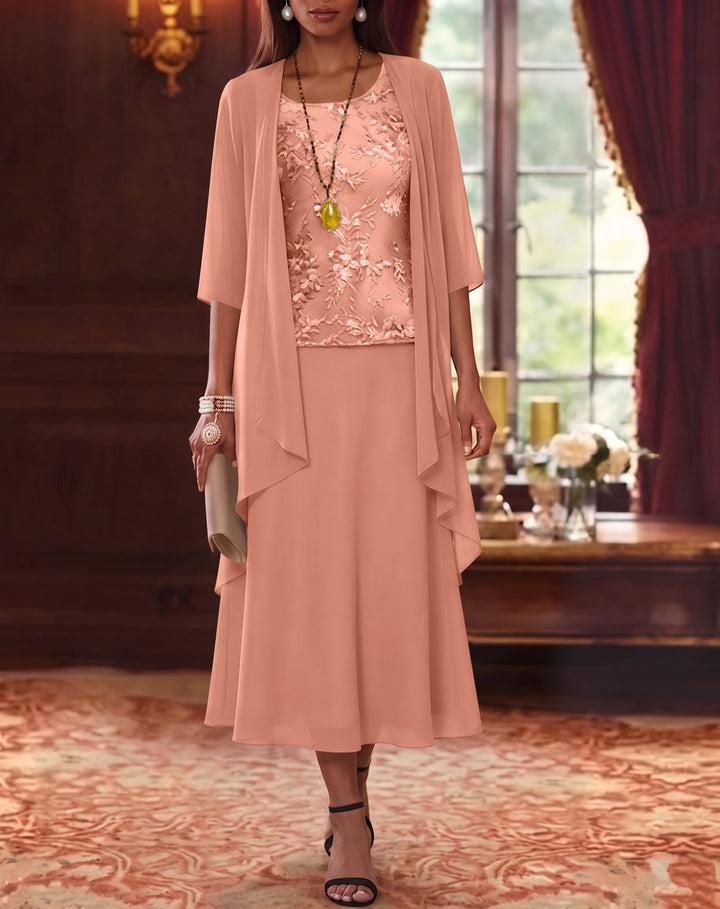 Ensemble de 2 Morceaux, Robe Mère de la Mariée, Ligne A/Princesse, Col Rond, Mousseline, avec Veste, Manches 3/4, Longueur du Thé, Dentelle