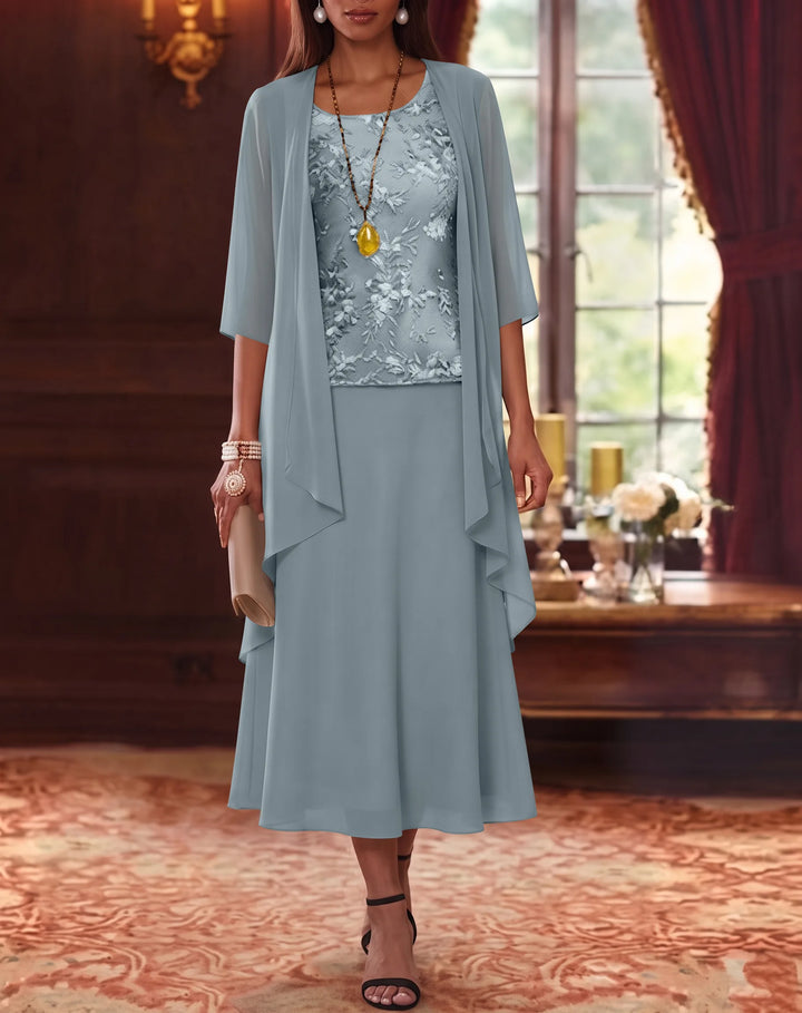Ensemble de 2 Morceaux, Robe Mère de la Mariée, Ligne A/Princesse, Col Rond, Mousseline, avec Veste, Manches 3/4, Longueur du Thé, Dentelle