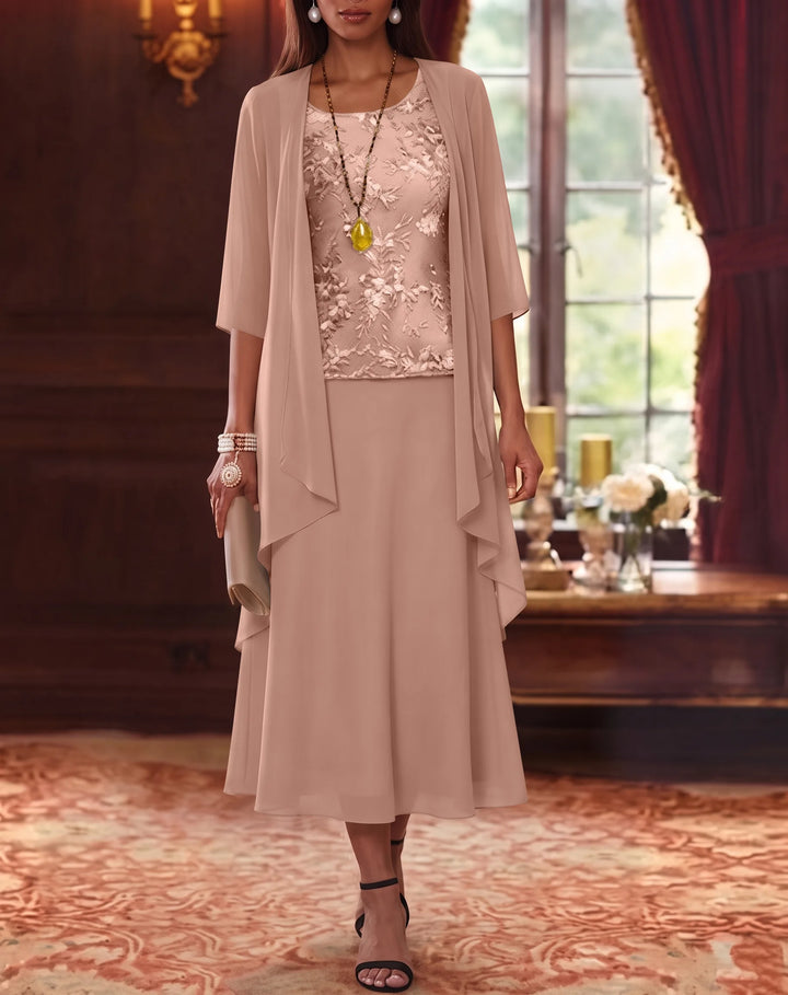 Ensemble de 2 Morceaux, Robe Mère de la Mariée, Ligne A/Princesse, Col Rond, Mousseline, avec Veste, Manches 3/4, Longueur du Thé, Dentelle