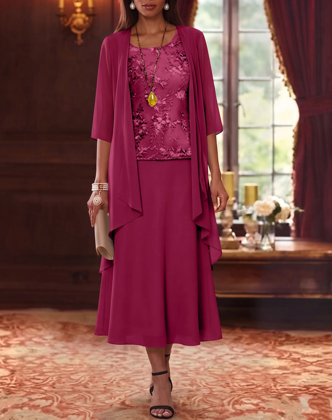 Ensemble de 2 Morceaux, Robe Mère de la Mariée, Ligne A/Princesse, Col Rond, Mousseline, avec Veste, Manches 3/4, Longueur du Thé, Dentelle