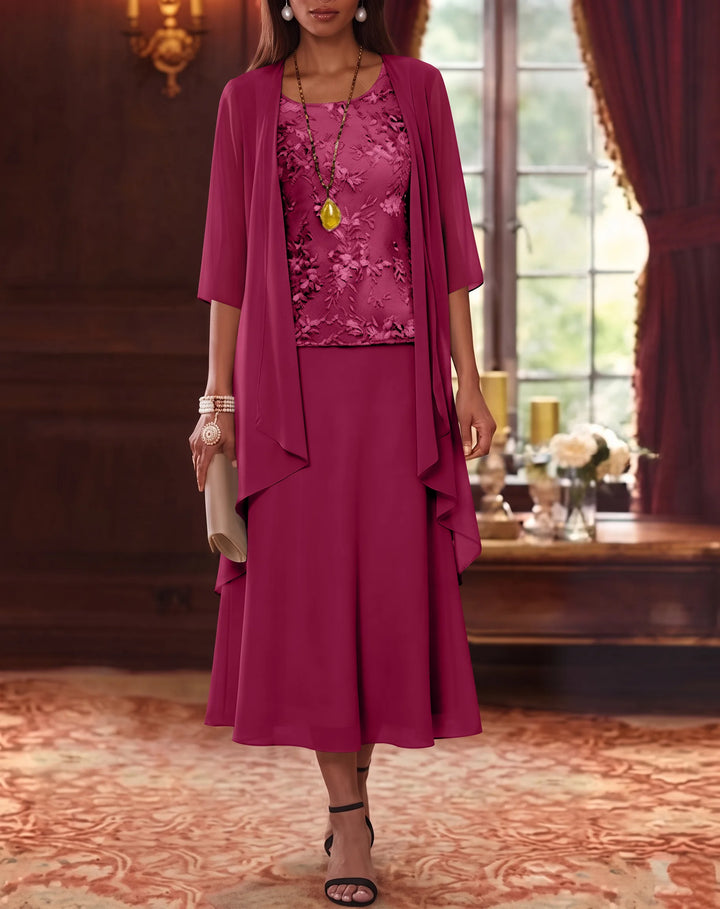 Ensemble de 2 Morceaux, Robe Mère de la Mariée, Ligne A/Princesse, Col Rond, Mousseline, avec Veste, Manches 3/4, Longueur du Thé, Dentelle