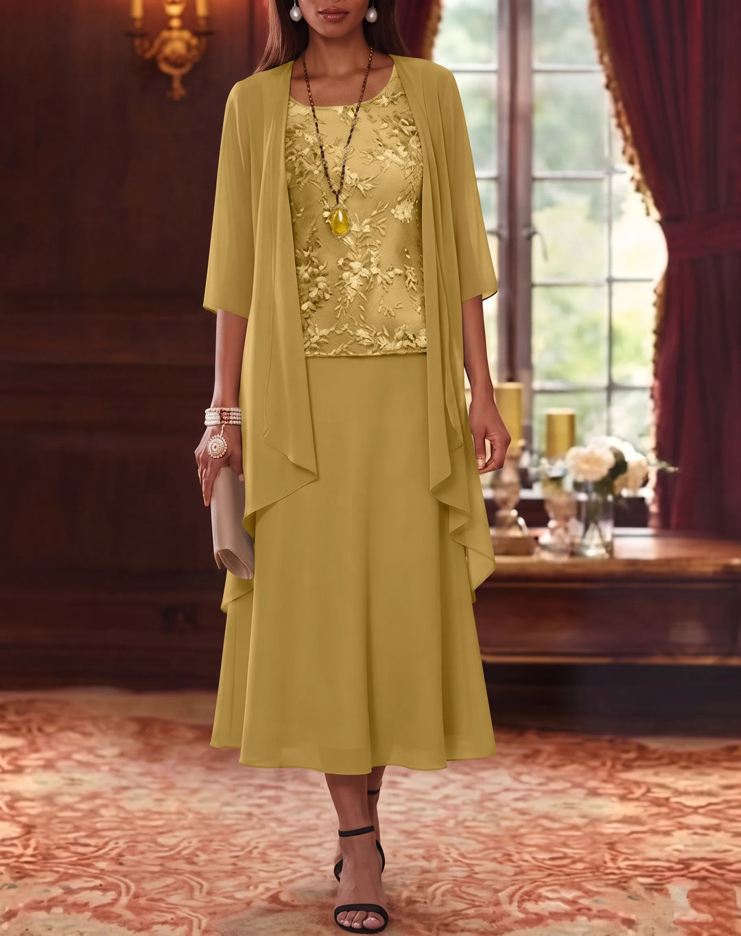 Ensemble de 2 Morceaux, Robe Mère de la Mariée, Ligne A/Princesse, Col Rond, Mousseline, avec Veste, Manches 3/4, Longueur du Thé, Dentelle