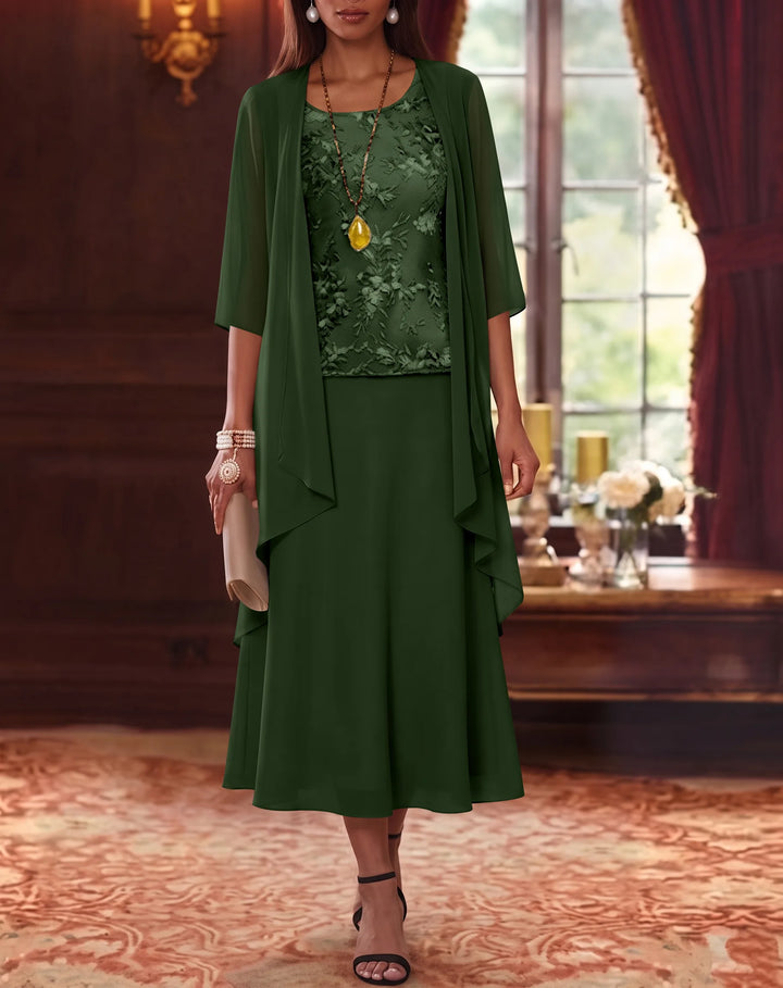 Ensemble de 2 Morceaux, Robe Mère de la Mariée, Ligne A/Princesse, Col Rond, Mousseline, avec Veste, Manches 3/4, Longueur du Thé, Dentelle