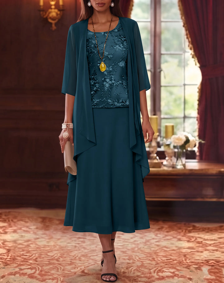 Ensemble de 2 Morceaux, Robe Mère de la Mariée, Ligne A/Princesse, Col Rond, Mousseline, avec Veste, Manches 3/4, Longueur du Thé, Dentelle