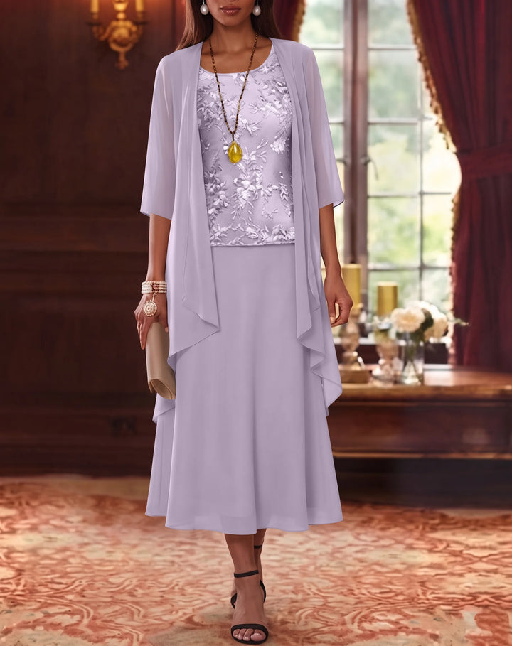 Ensemble de 2 Morceaux, Robe Mère de la Mariée, Ligne A/Princesse, Col Rond, Mousseline, avec Veste, Manches 3/4, Longueur du Thé, Dentelle