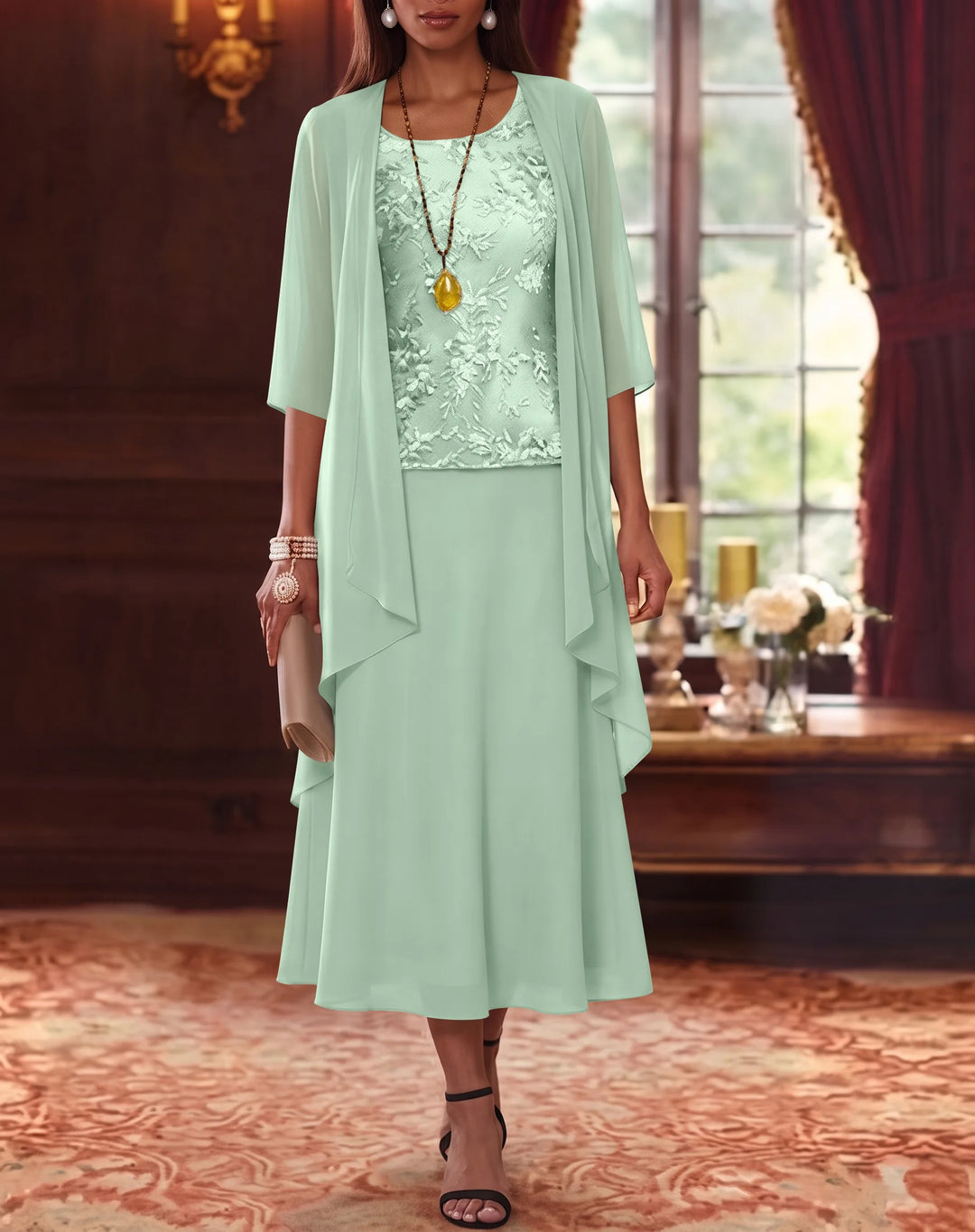 Ensemble de 2 Morceaux, Robe Mère de la Mariée, Ligne A/Princesse, Col Rond, Mousseline, avec Veste, Manches 3/4, Longueur du Thé, Dentelle