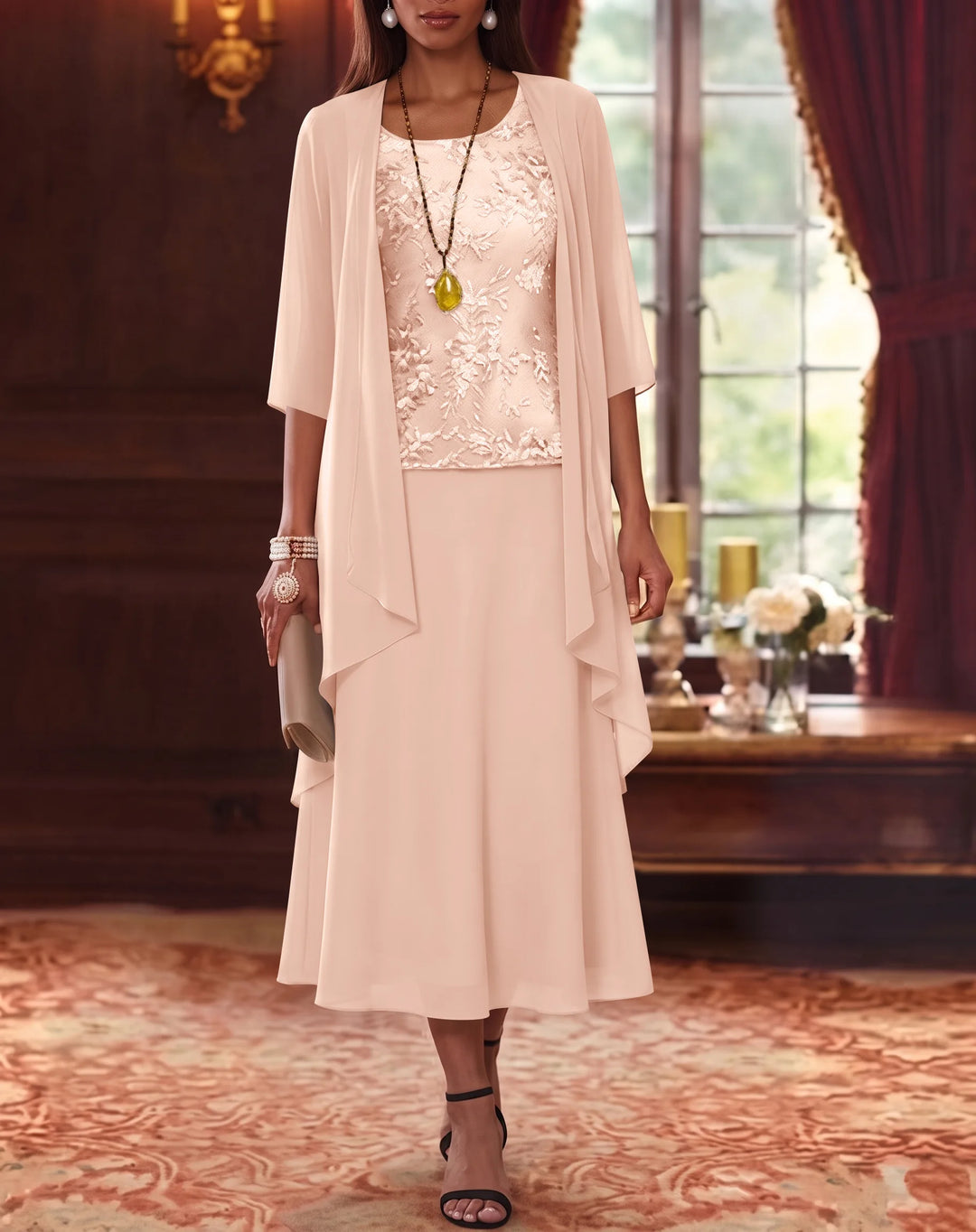 Ensemble de 2 Morceaux, Robe Mère de la Mariée, Ligne A/Princesse, Col Rond, Mousseline, avec Veste, Manches 3/4, Longueur du Thé, Dentelle
