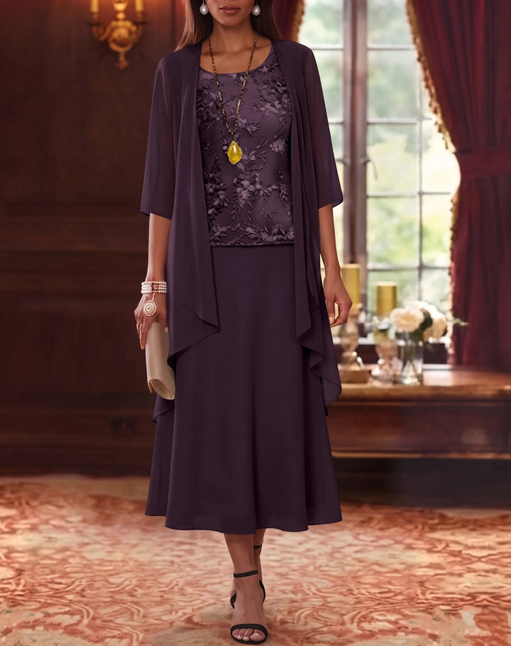 Ensemble de 2 Morceaux, Robe Mère de la Mariée, Ligne A/Princesse, Col Rond, Mousseline, avec Veste, Manches 3/4, Longueur du Thé, Dentelle