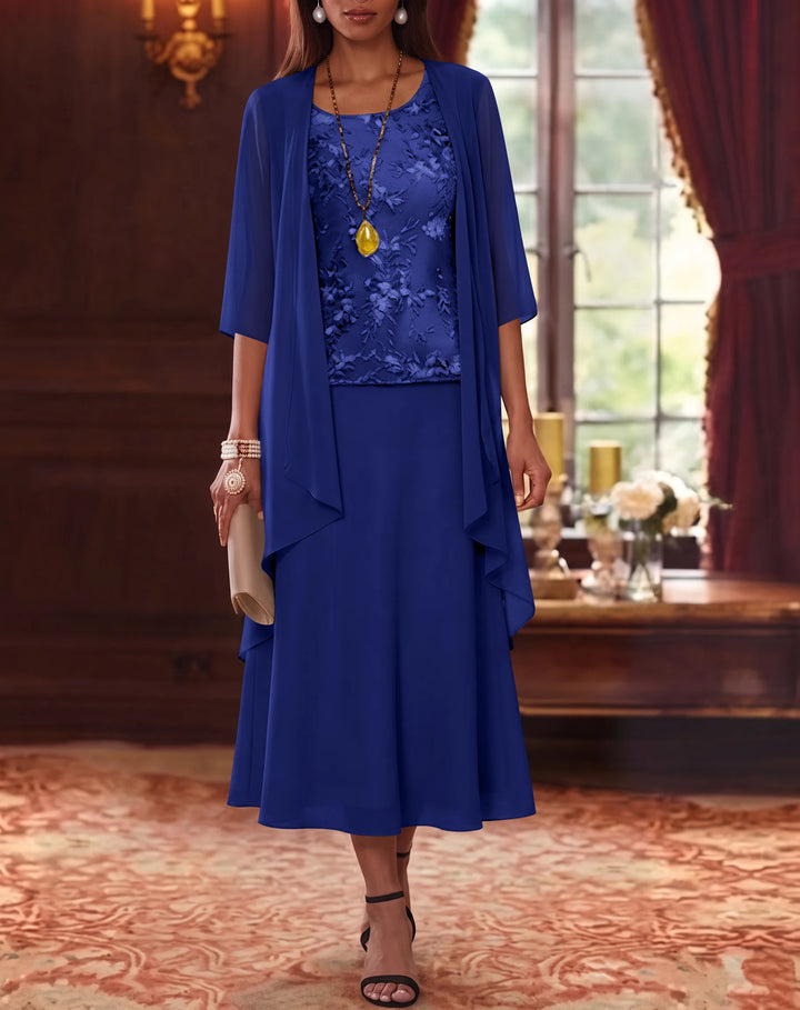 Ensemble de 2 Morceaux, Robe Mère de la Mariée, Ligne A/Princesse, Col Rond, Mousseline, avec Veste, Manches 3/4, Longueur du Thé, Dentelle