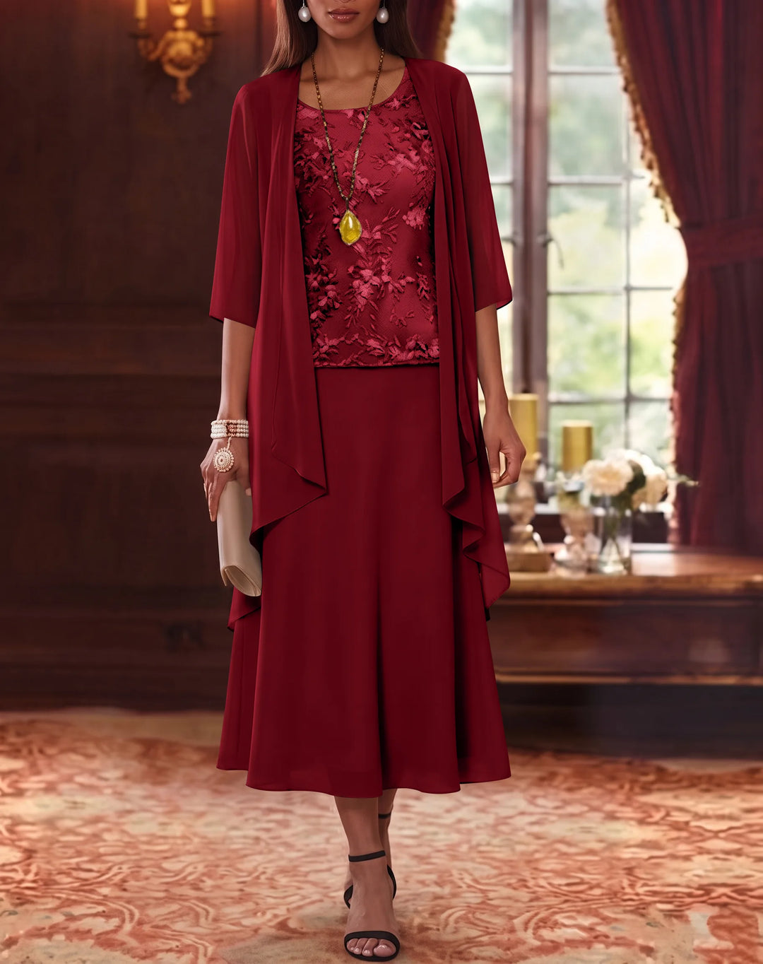 Ensemble de 2 Morceaux, Robe Mère de la Mariée, Ligne A/Princesse, Col Rond, Mousseline, avec Veste, Manches 3/4, Longueur du Thé, Dentelle