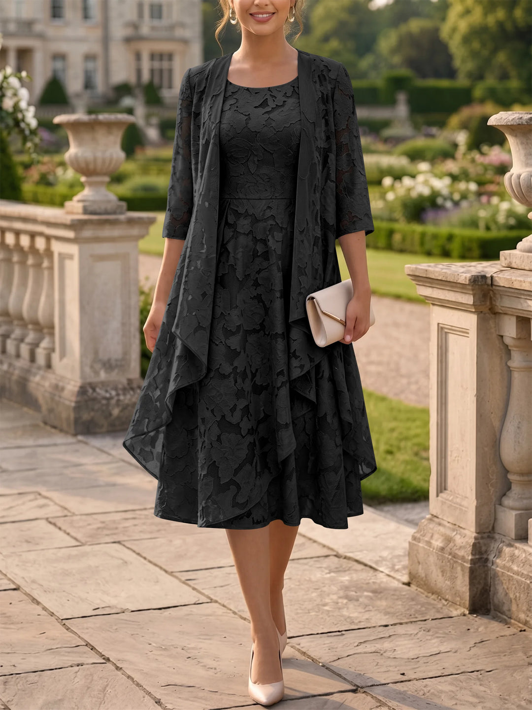 Robe Mère de la Mariée Ligne A/Princesse Col Rond en Mousseline Florale avec Veste Longueur Midi Manches 3/4 à Volants
