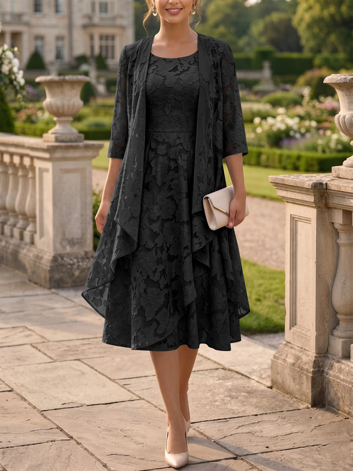 Robe Mère de la Mariée Ligne A/Princesse Col Rond en Mousseline Florale avec Veste Longueur Midi Manches 3/4 à Volants
