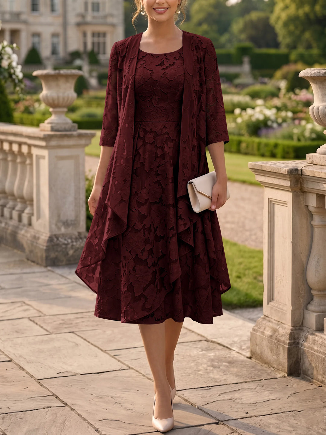 Robe Mère de la Mariée Ligne A/Princesse Col Rond en Mousseline Florale avec Veste Longueur Midi Manches 3/4 à Volants