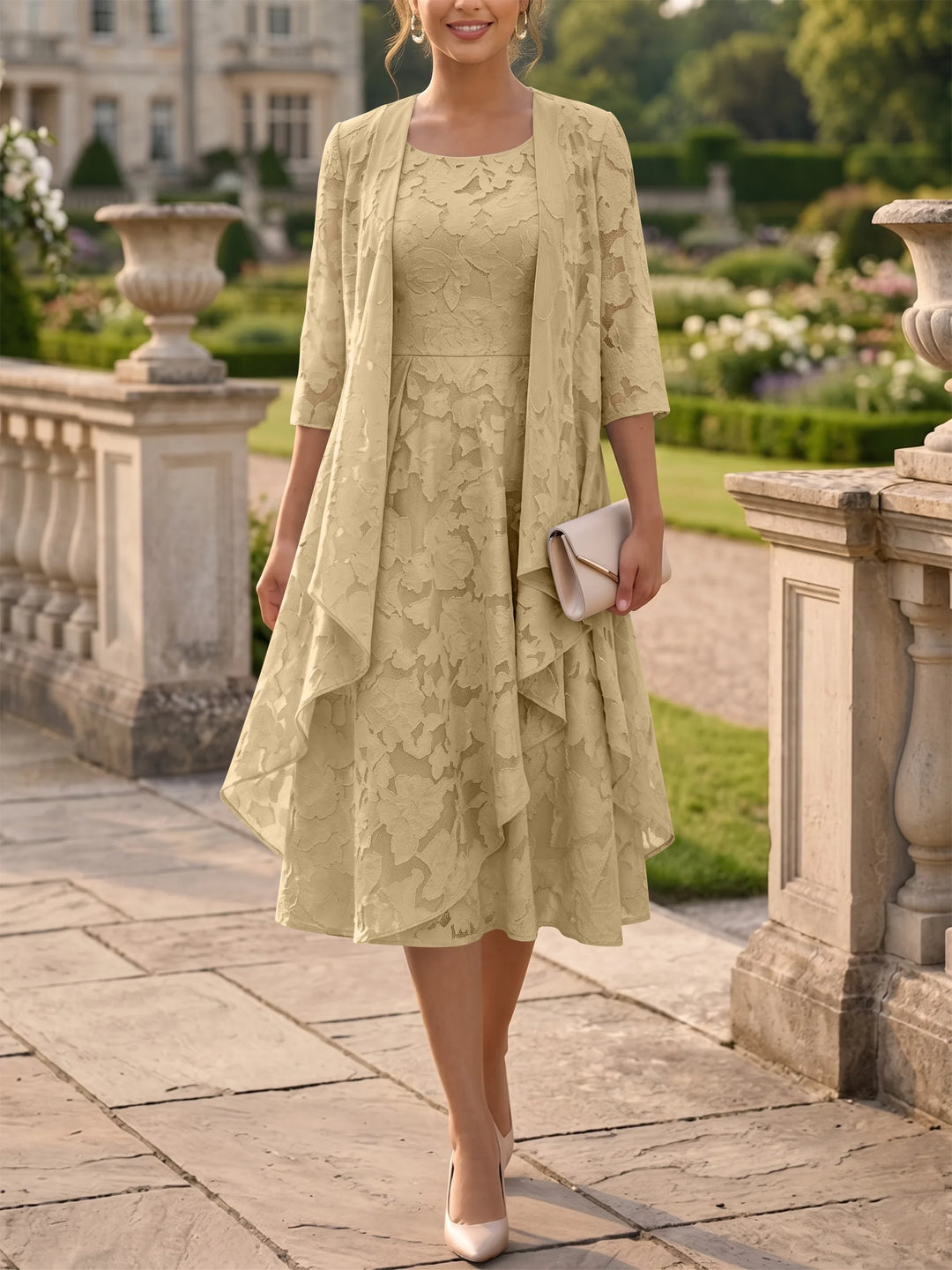 Robe Mère de la Mariée Ligne A/Princesse Col Rond en Mousseline Florale avec Veste Longueur Midi Manches 3/4 à Volants