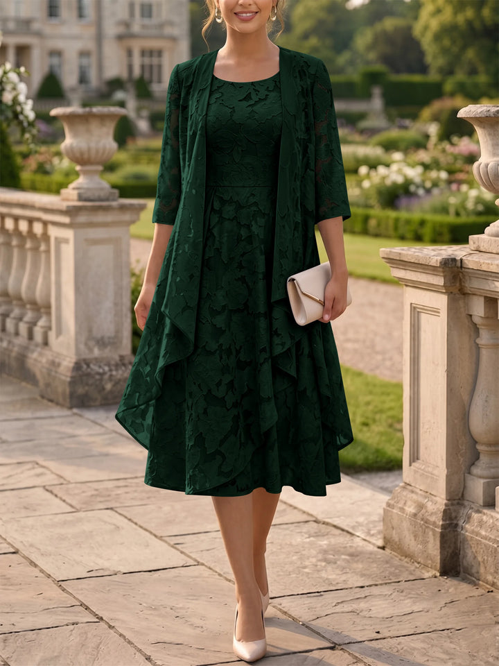 Robe Mère de la Mariée Ligne A/Princesse Col Rond en Mousseline Florale avec Veste Longueur Midi Manches 3/4 à Volants