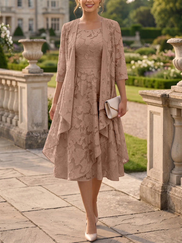 Robe Mère de la Mariée Ligne A/Princesse Col Rond en Mousseline Florale avec Veste Longueur Midi Manches 3/4 à Volants