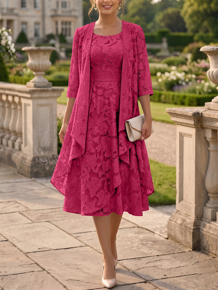Robe Mère de la Mariée Ligne A/Princesse Col Rond en Mousseline Florale avec Veste Longueur Midi Manches 3/4 à Volants