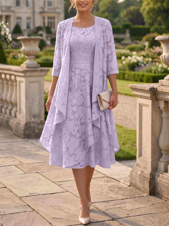 Robe Mère de la Mariée Ligne A/Princesse Col Rond en Mousseline Florale avec Veste Longueur Midi Manches 3/4 à Volants
