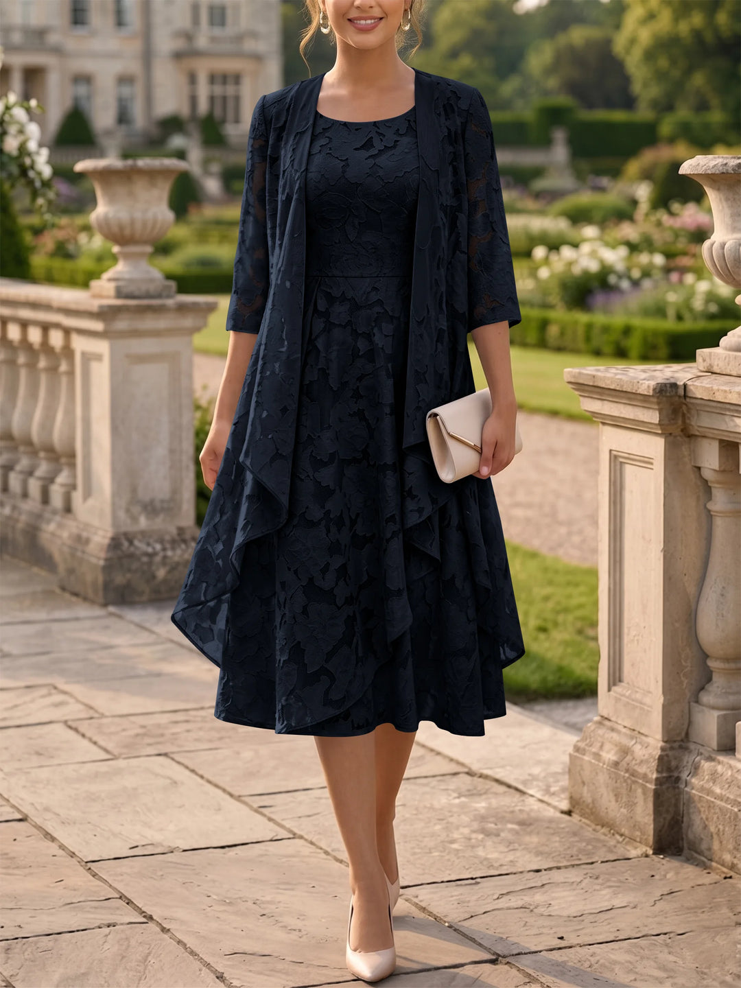 Robe Mère de la Mariée Ligne A/Princesse Col Rond en Mousseline Florale avec Veste Longueur Midi Manches 3/4 à Volants
