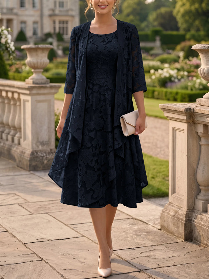 Robe Mère de la Mariée Ligne A/Princesse Col Rond en Mousseline Florale avec Veste Longueur Midi Manches 3/4 à Volants