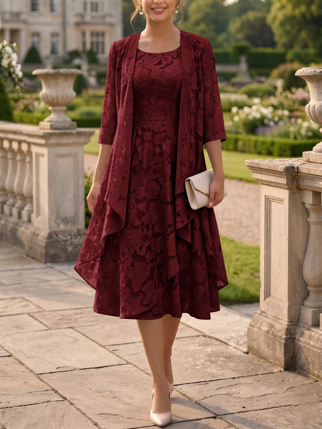 Robe Mère de la Mariée Ligne A/Princesse Col Rond en Mousseline Florale avec Veste Longueur Midi Manches 3/4 à Volants