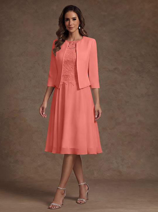 Robe Mère de la Mariée, Ligne A/Princesse, Col Rond, Mousseline, 3/4 Manches, Longueur du Thé, Florale