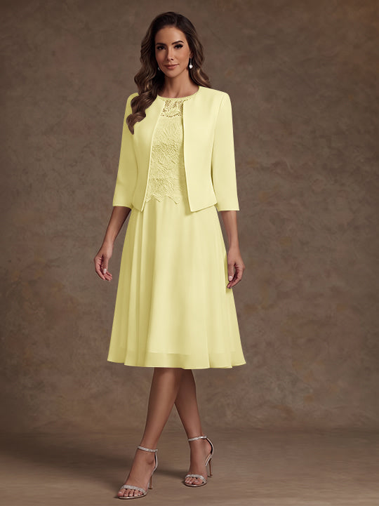 Robe Mère de la Mariée, Ligne A/Princesse, Col Rond, Mousseline, 3/4 Manches, Longueur du Thé, Florale