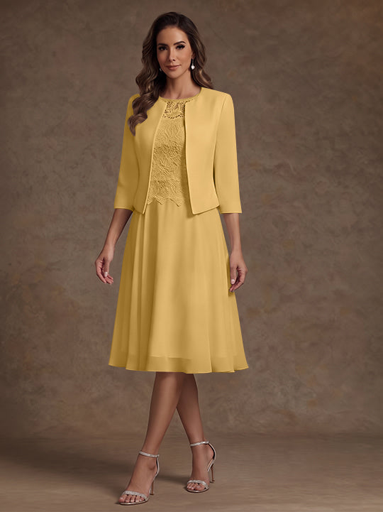 Robe Mère de la Mariée, Ligne A/Princesse, Col Rond, Mousseline, 3/4 Manches, Longueur du Thé, Florale