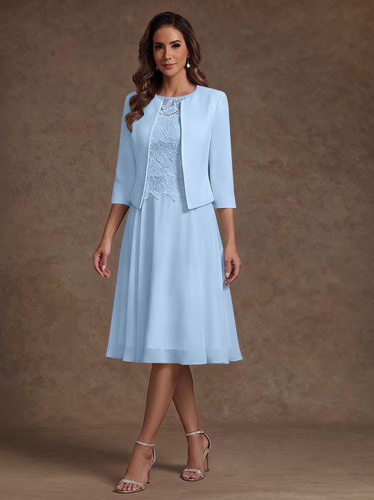 Robe Mère de la Mariée, Ligne A/Princesse, Col Rond, Mousseline, 3/4 Manches, Longueur du Thé, Florale