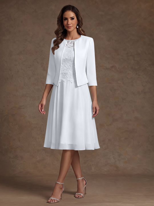Robe Mère de la Mariée, Ligne A/Princesse, Col Rond, Mousseline, 3/4 Manches, Longueur du Thé, Florale