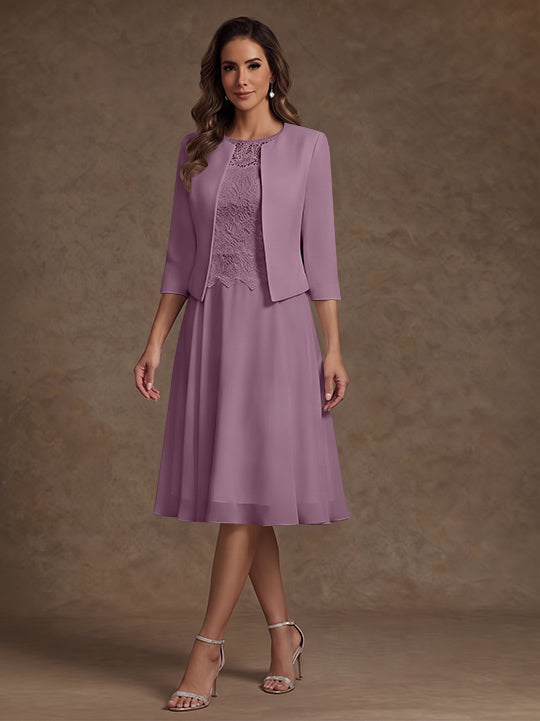 Robe Mère de la Mariée, Ligne A/Princesse, Col Rond, Mousseline, 3/4 Manches, Longueur du Thé, Florale