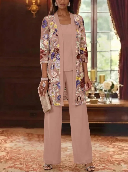 Robe Mère de la Mariée, 3 Pièces, Col Rond, Mousseline, 3/4 Manches, Longueur de la Cheville
