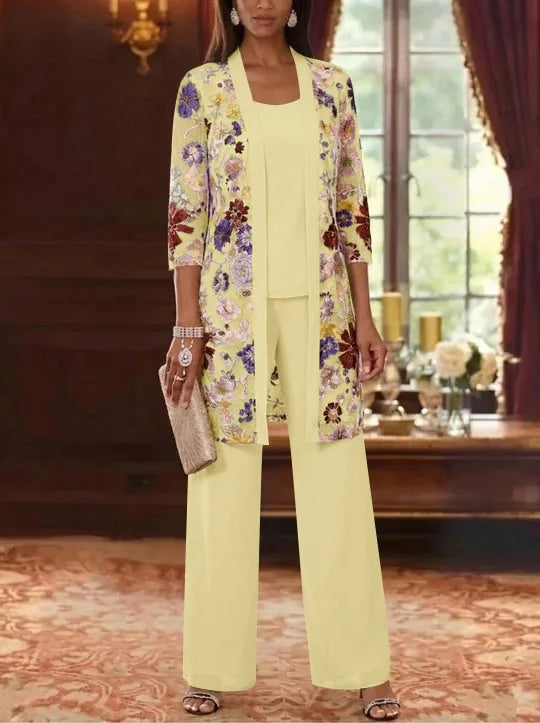 Robe Mère de la Mariée, 3 Pièces, Col Rond, Mousseline, 3/4 Manches, Longueur de la Cheville