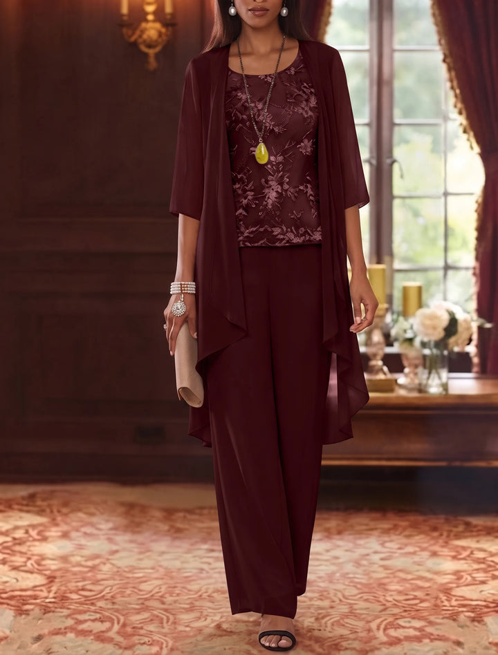 Robe mère de la mariée, Costume-Pantalon, Col Rond, Mousseline, Manches 3/4, Longueur de la Cheville, Dentelle
