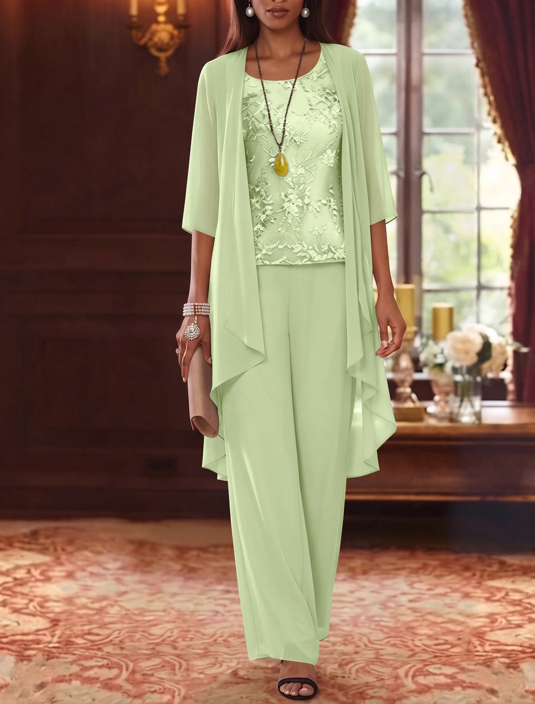 Robe mère de la mariée, Costume-Pantalon, Col Rond, Mousseline, Manches 3/4, Longueur de la Cheville, Dentelle