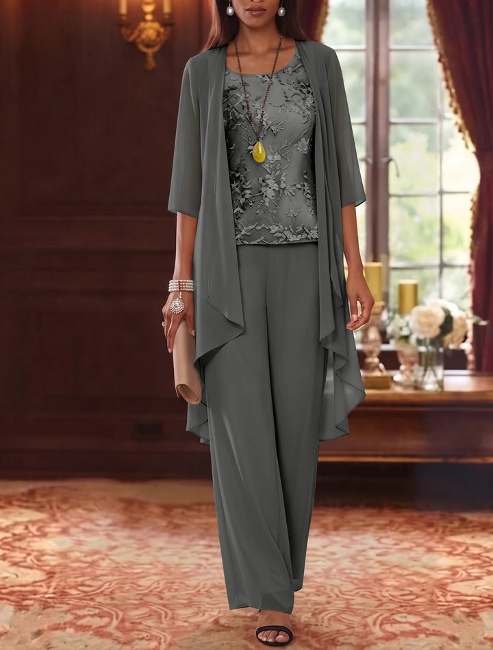 Robe mère de la mariée, Costume-Pantalon, Col Rond, Mousseline, Manches 3/4, Longueur de la Cheville, Dentelle