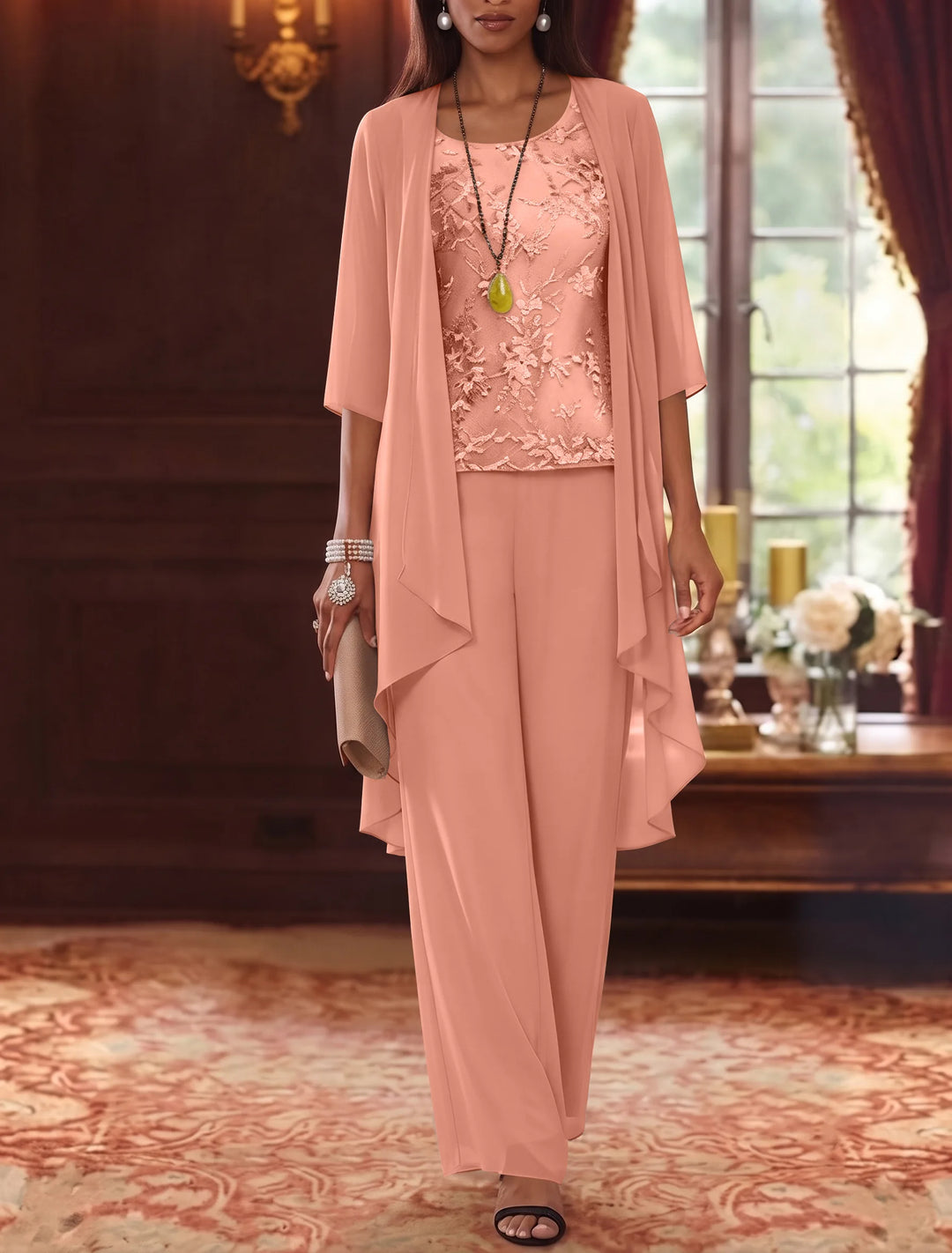 Robe mère de la mariée, Costume-Pantalon, Col Rond, Mousseline, Manches 3/4, Longueur de la Cheville, Dentelle