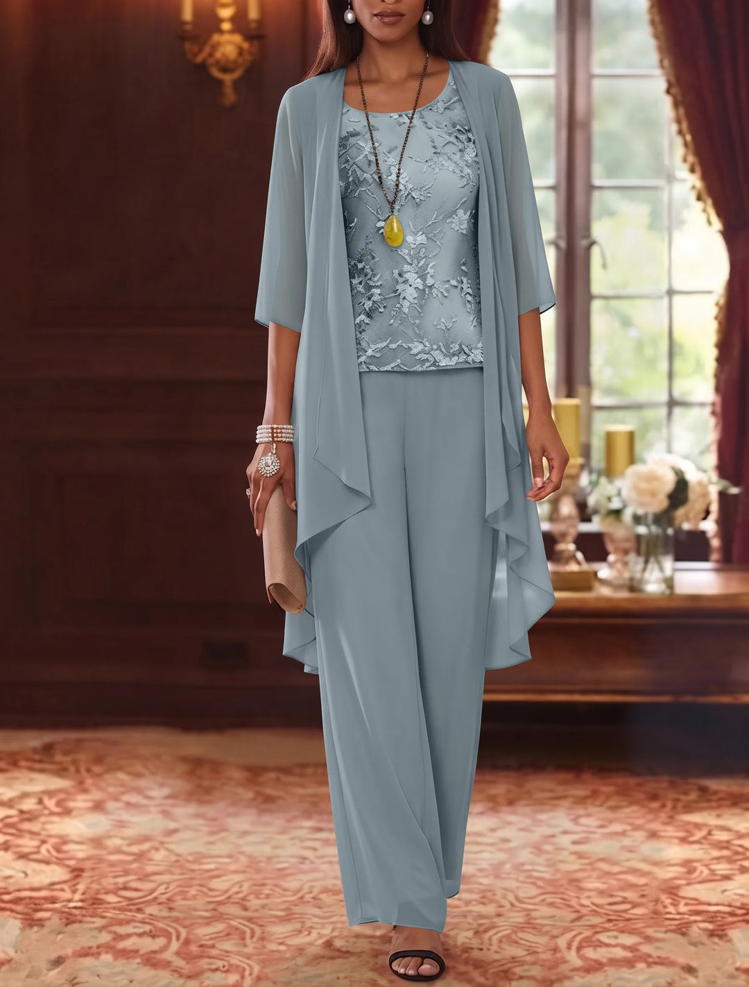 Robe mère de la mariée, Costume-Pantalon, Col Rond, Mousseline, Manches 3/4, Longueur de la Cheville, Dentelle