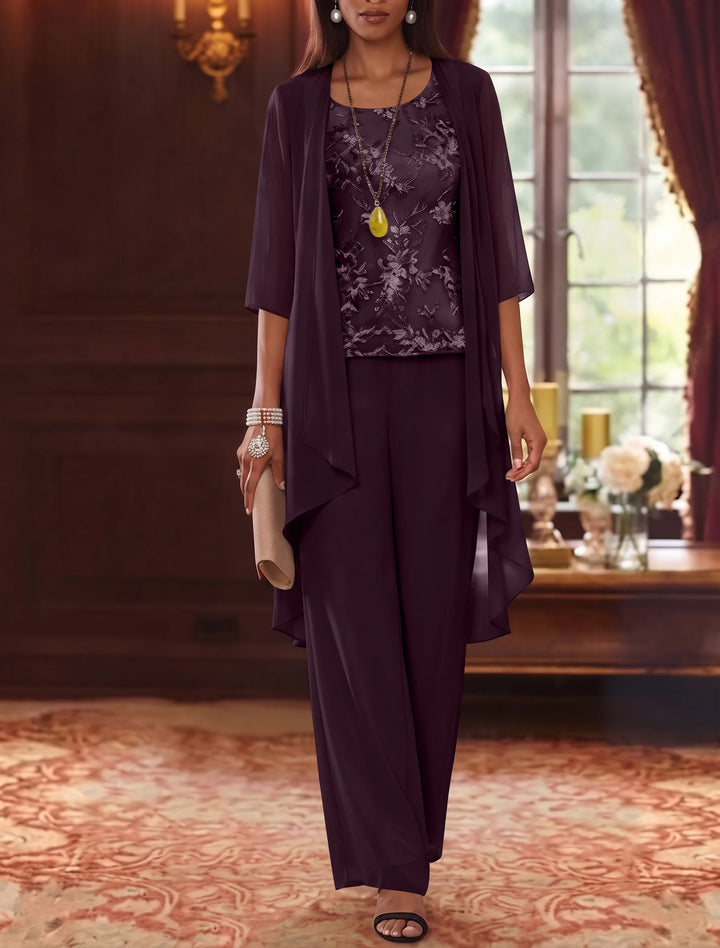 Robe mère de la mariée, Costume-Pantalon, Col Rond, Mousseline, Manches 3/4, Longueur de la Cheville, Dentelle