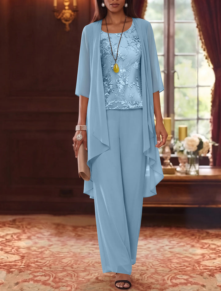 Robe mère de la mariée, Costume-Pantalon, Col Rond, Mousseline, Manches 3/4, Longueur de la Cheville, Dentelle