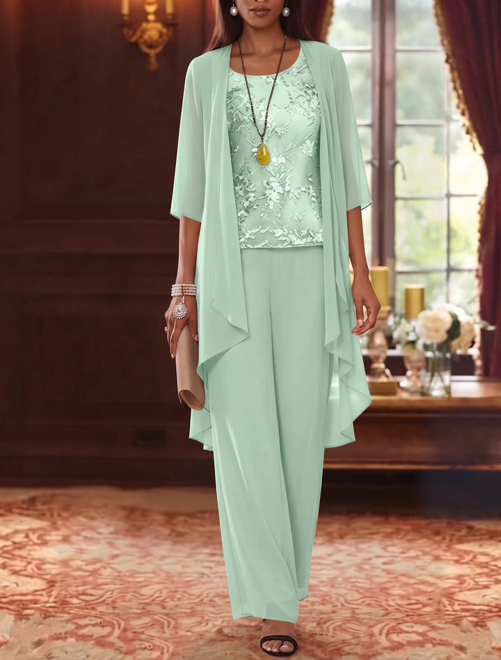 Robe mère de la mariée, Costume-Pantalon, Col Rond, Mousseline, Manches 3/4, Longueur de la Cheville, Dentelle