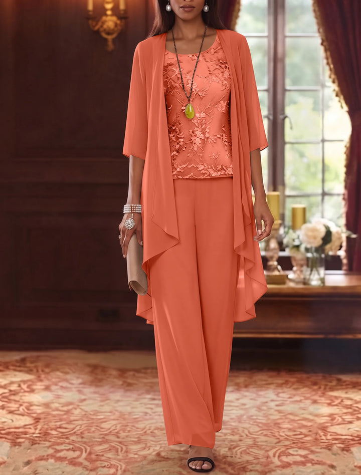 Robe mère de la mariée, Costume-Pantalon, Col Rond, Mousseline, Manches 3/4, Longueur de la Cheville, Dentelle