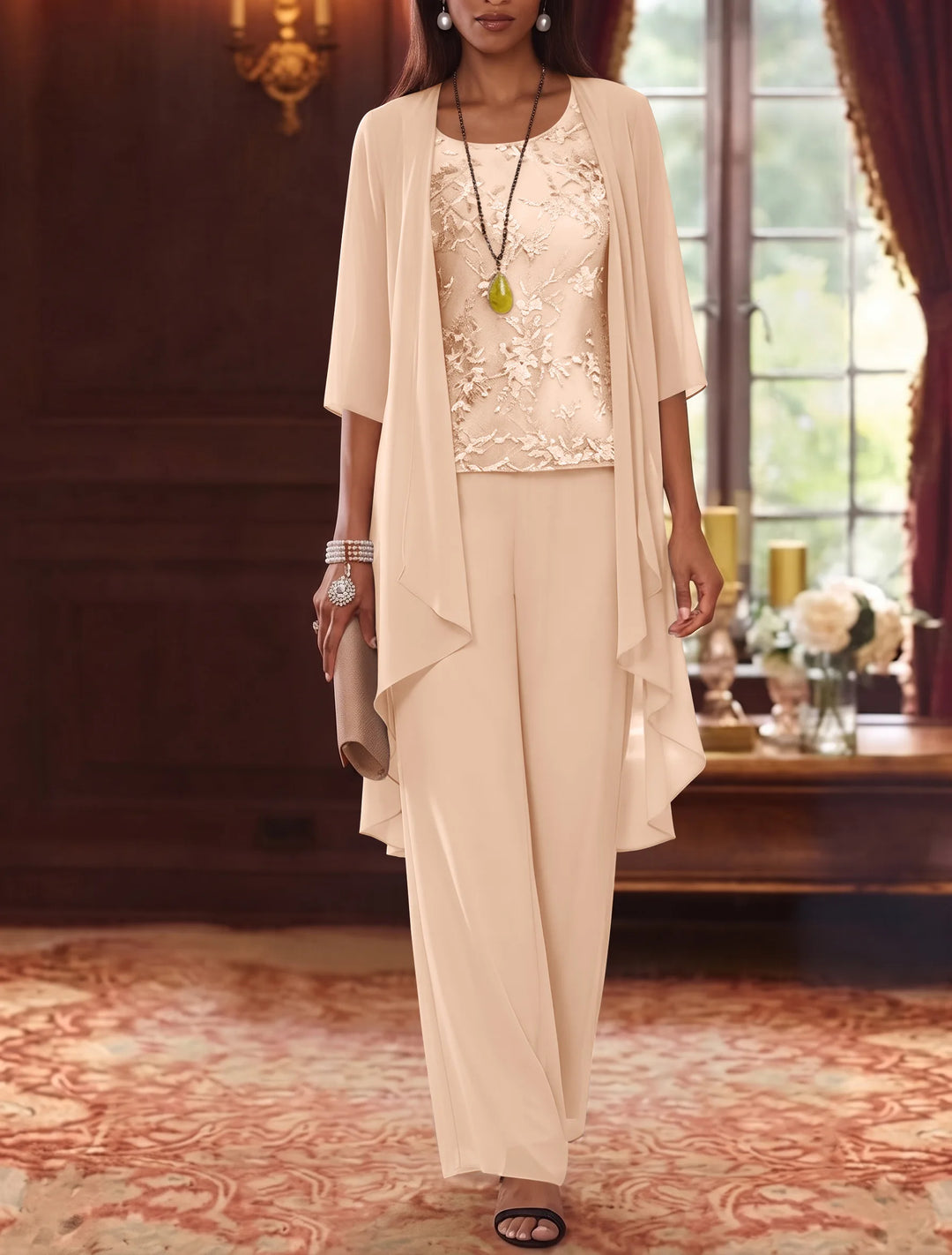 Robe mère de la mariée, Costume-Pantalon, Col Rond, Mousseline, Manches 3/4, Longueur de la Cheville, Dentelle