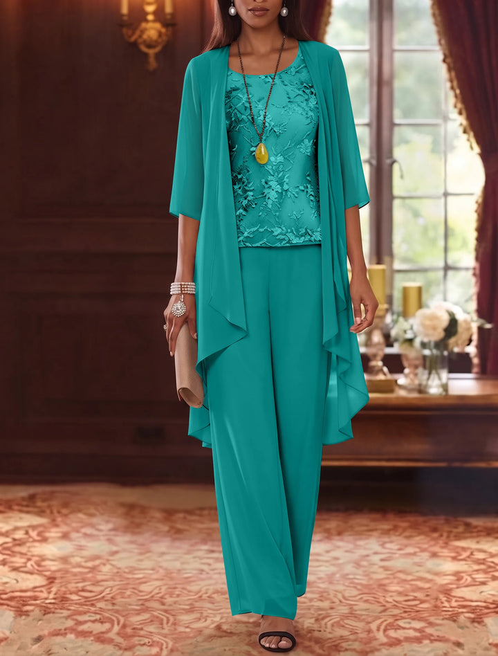 Robe mère de la mariée, Costume-Pantalon, Col Rond, Mousseline, Manches 3/4, Longueur de la Cheville, Dentelle