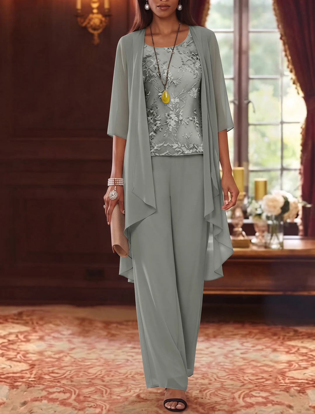 Robe mère de la mariée, Costume-Pantalon, Col Rond, Mousseline, Manches 3/4, Longueur de la Cheville, Dentelle