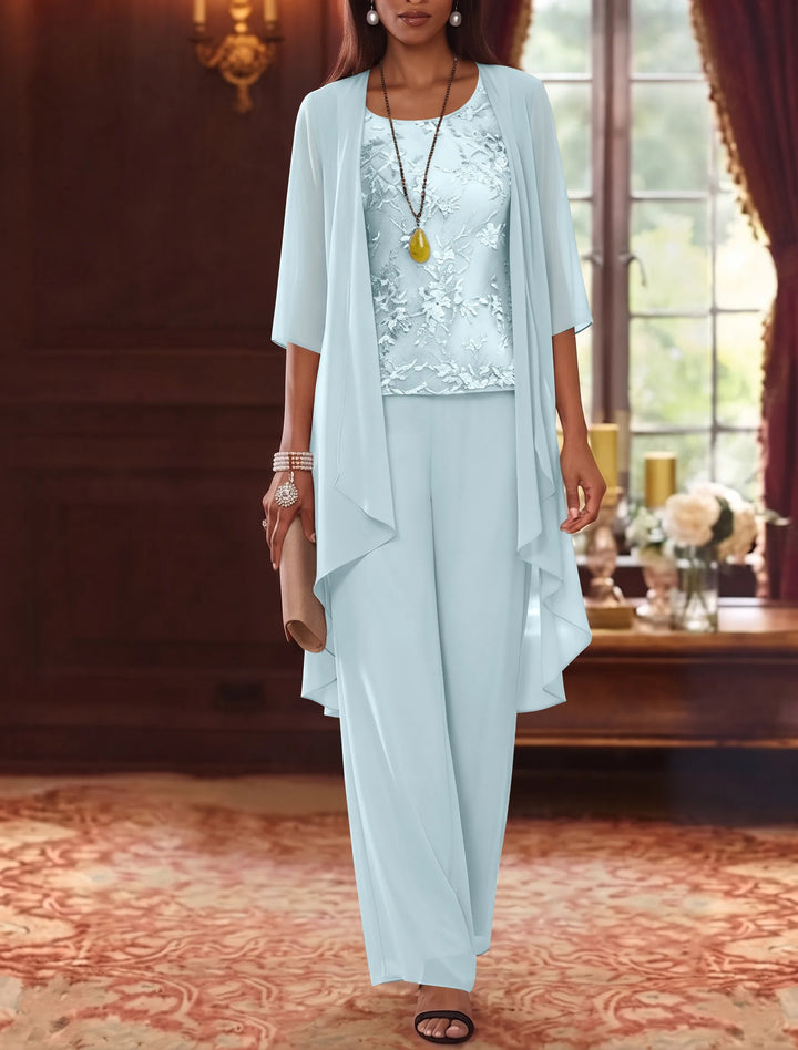 Robe mère de la mariée, Costume-Pantalon, Col Rond, Mousseline, Manches 3/4, Longueur de la Cheville, Dentelle