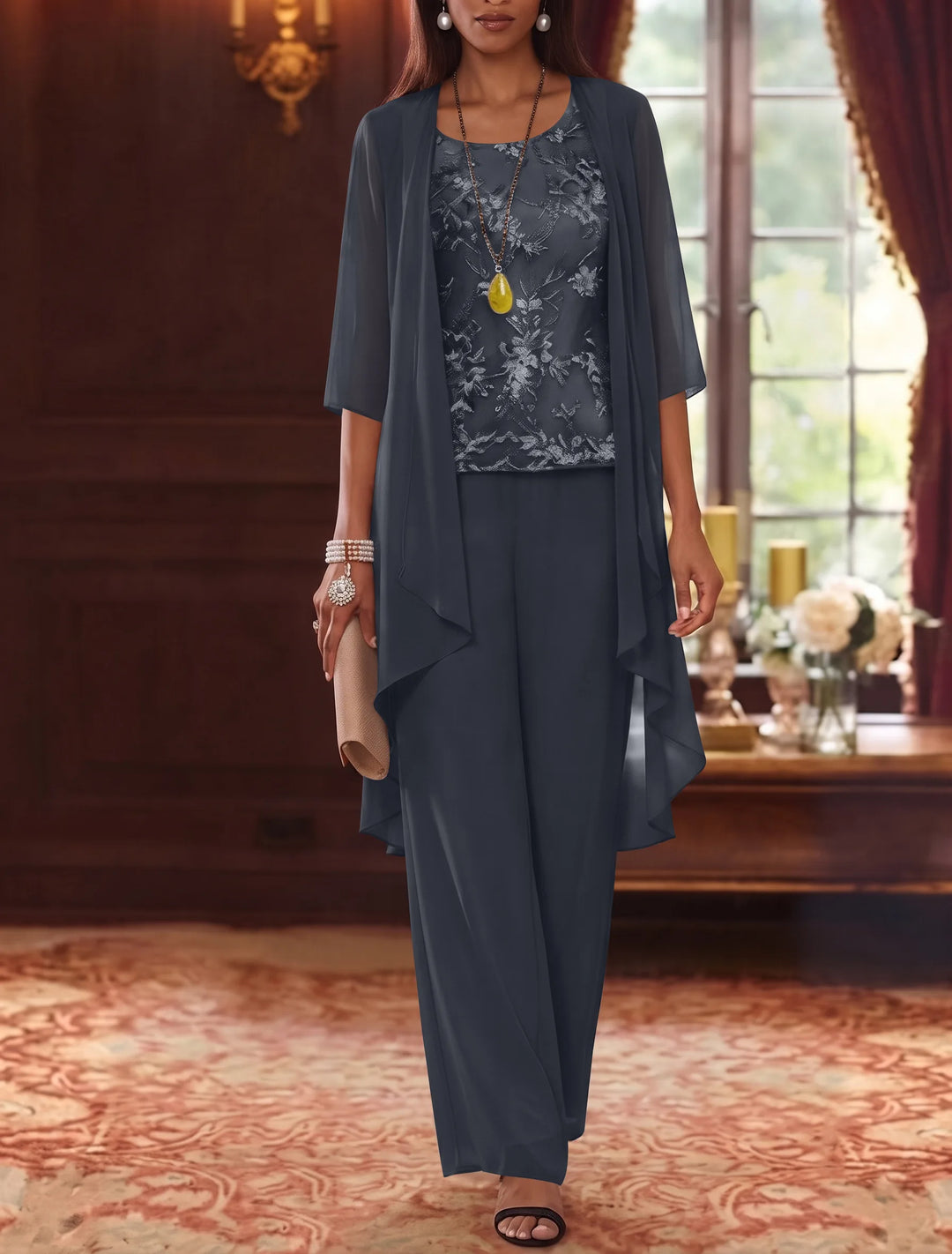 Robe mère de la mariée, Costume-Pantalon, Col Rond, Mousseline, Manches 3/4, Longueur de la Cheville, Dentelle